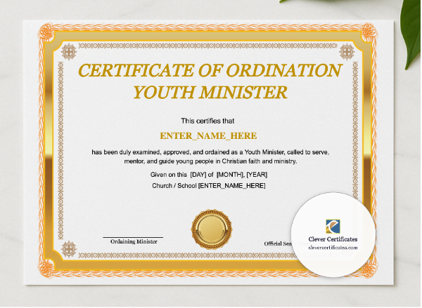 Youth Minister Ordination Certificate Landscape presented in a sleek wooden frame, elegantly arranged on a stylish table.