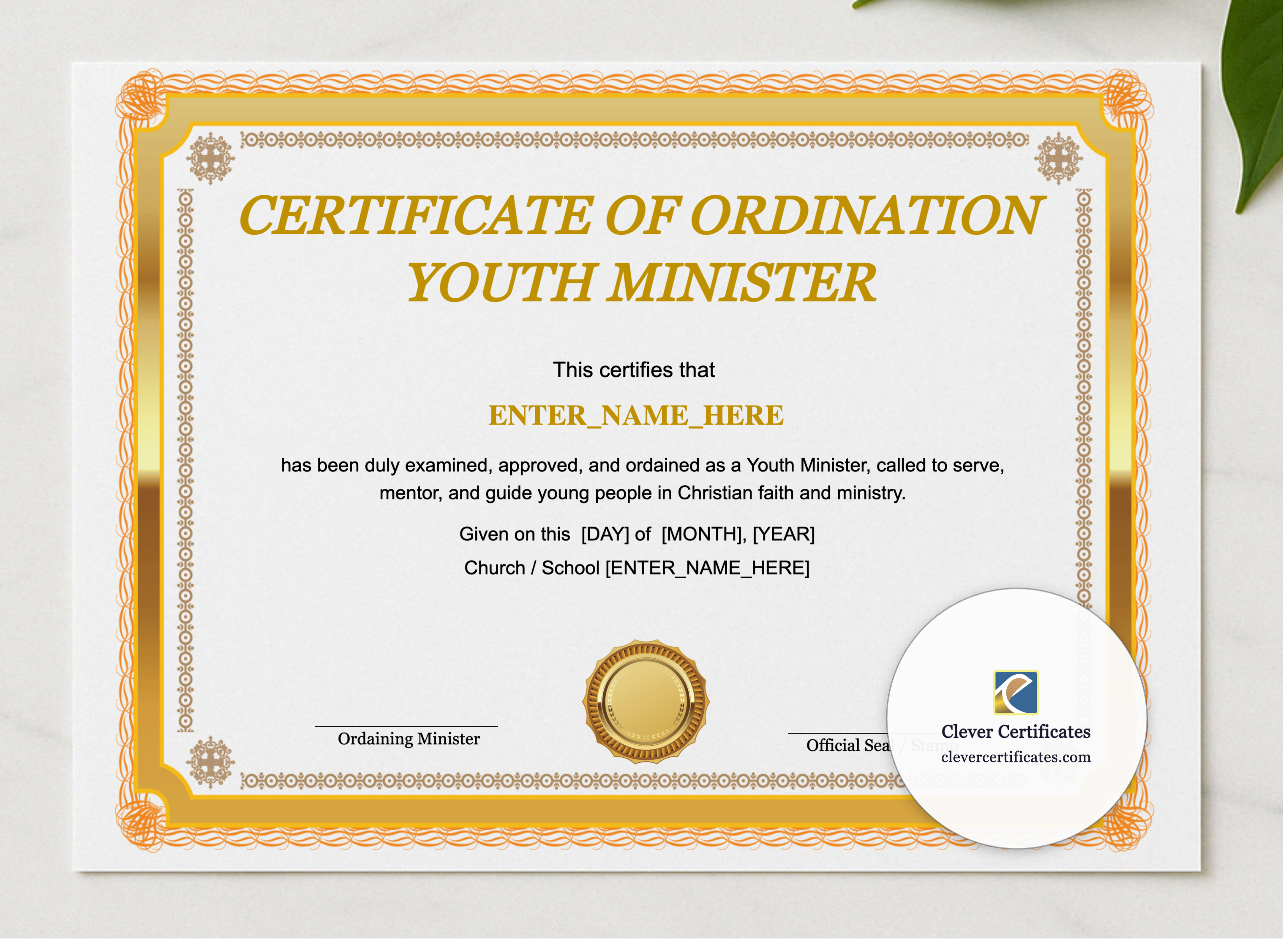 Youth Minister Ordination Certificate Landscape presented in a sleek wooden frame, elegantly arranged on a stylish table.