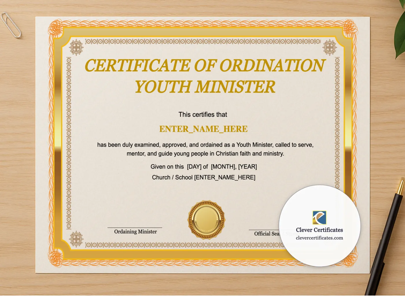 Professional preview of Youth Minister Ordination Certificate Landscape certificate on high-quality stationery paper, ideal for showcasing the final look.