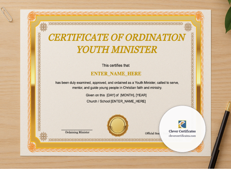 Professional preview of Youth Minister Ordination Certificate Landscape certificate on high-quality stationery paper, ideal for showcasing the final look.