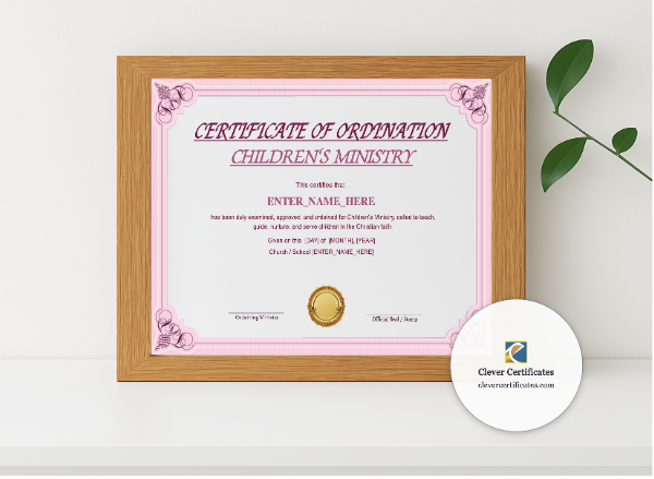 Realistic mockup featuring Childrens Ministry Ordination Certificate Landscape displayed within a modern frame, set against a minimalistic background.