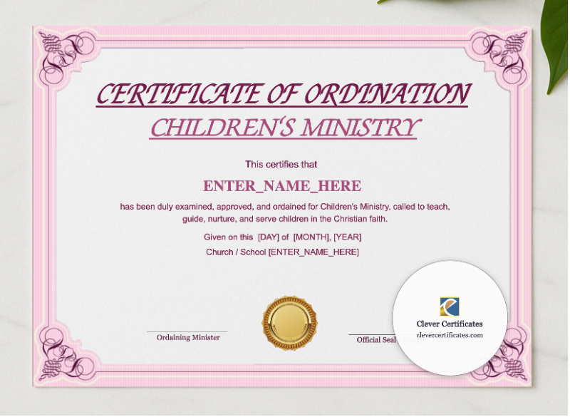 Childrens Ministry Ordination Certificate Landscape presented in a sleek wooden frame, elegantly arranged on a stylish table.