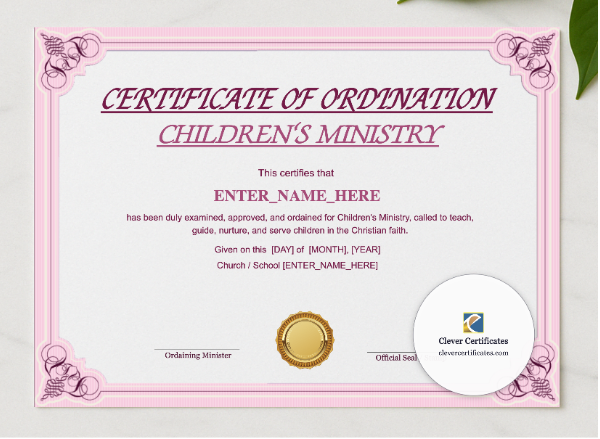 Childrens Ministry Ordination Certificate Landscape presented in a sleek wooden frame, elegantly arranged on a stylish table.