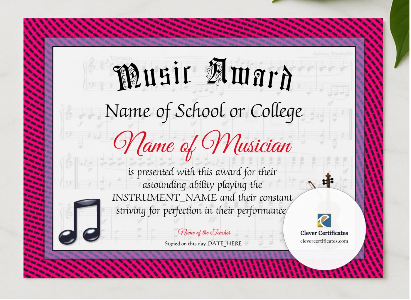 Music Award presented in a sleek wooden frame, elegantly arranged on a stylish table.