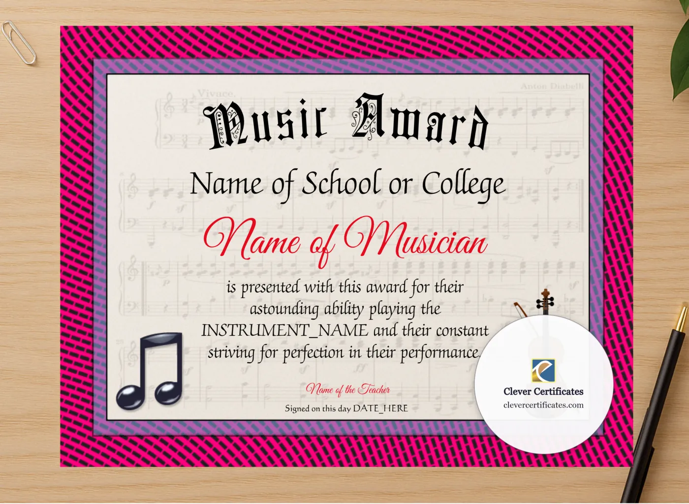 Professional preview of Music Award certificate on high-quality stationery paper, ideal for showcasing the final look.