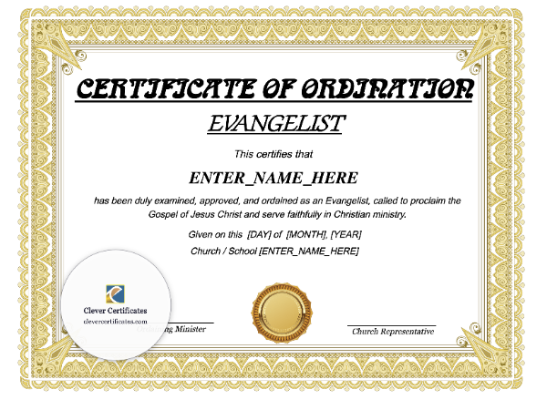 Ordination Certificate — Evangelist