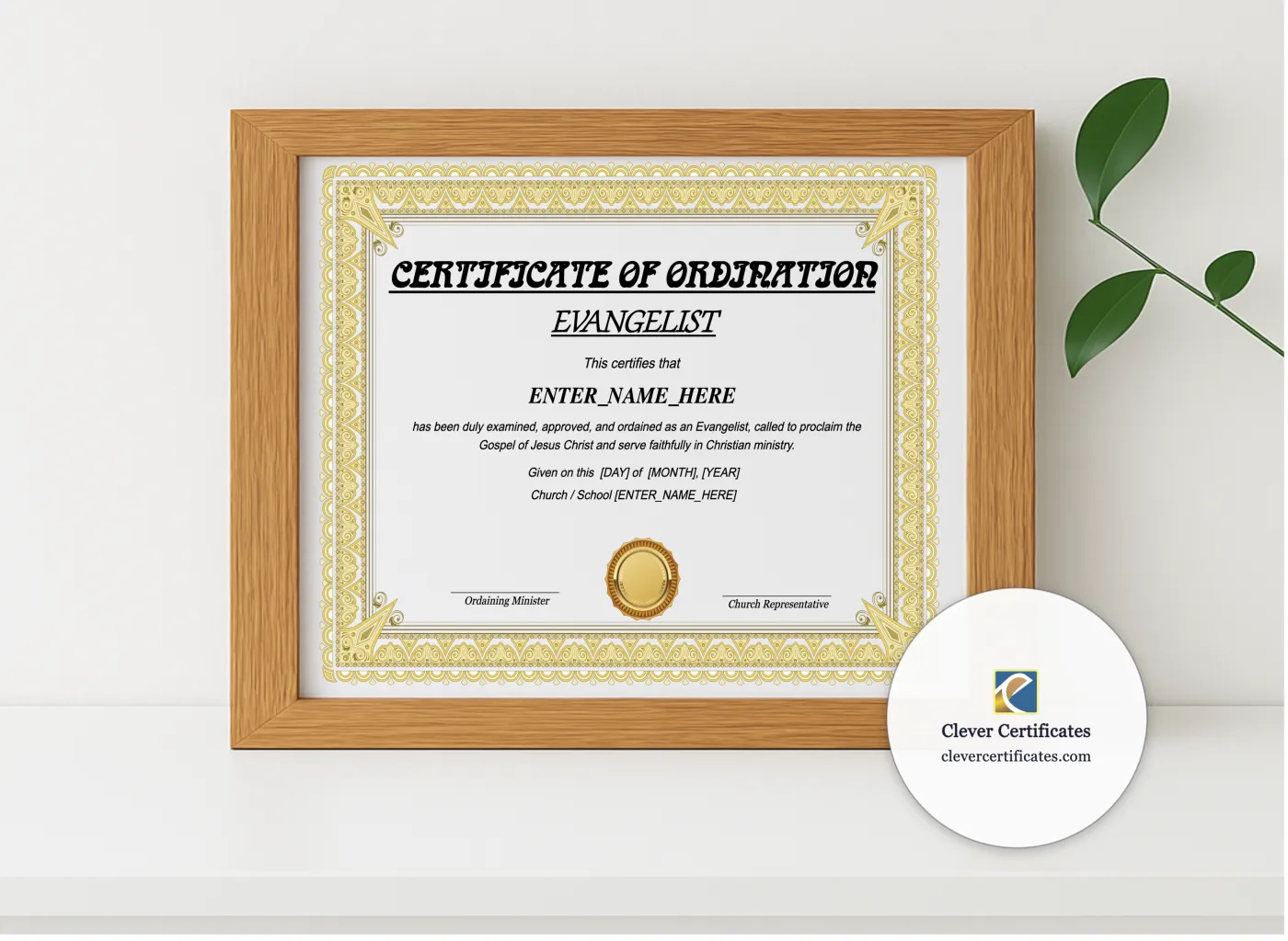 Realistic mockup featuring Certificate of Ordination for Evangelist displayed within a modern frame, set against a minimalistic background.