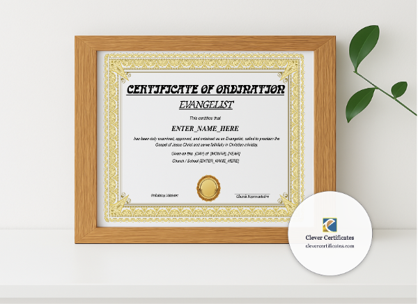 Realistic mockup featuring Certificate of Ordination for Evangelist displayed within a modern frame, set against a minimalistic background.