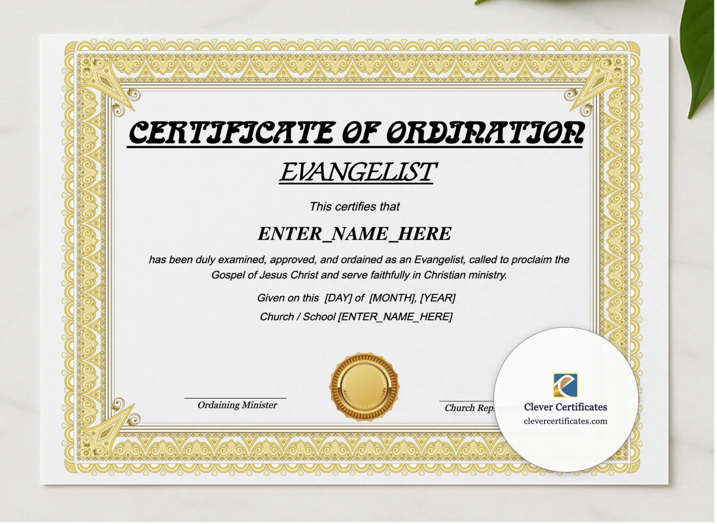 Certificate of Ordination for Evangelist presented in a sleek wooden frame, elegantly arranged on a stylish table.