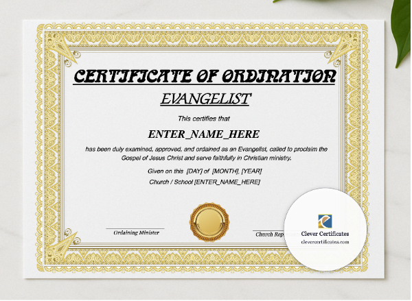 Certificate of Ordination for Evangelist presented in a sleek wooden frame, elegantly arranged on a stylish table.