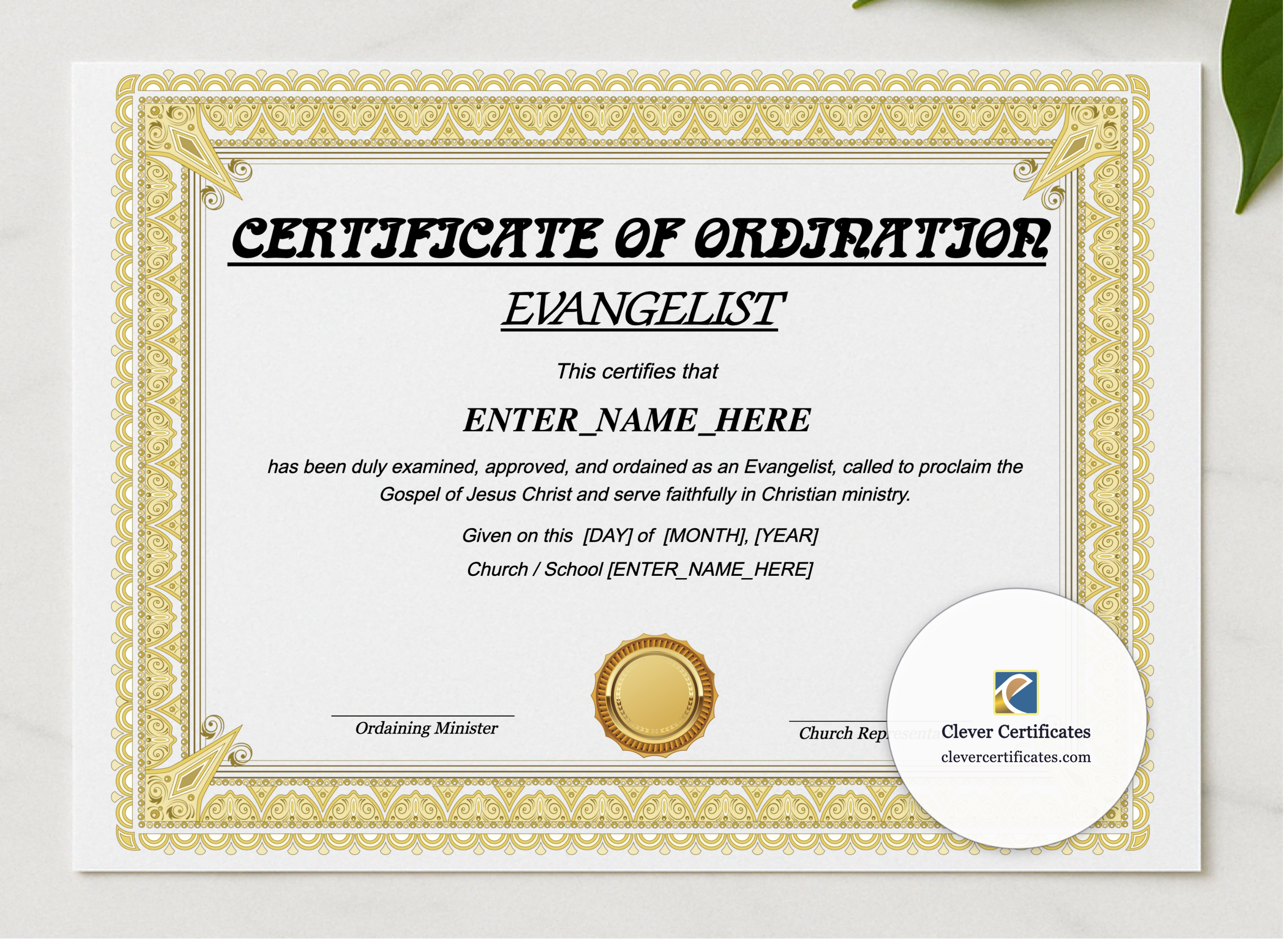 Certificate of Ordination for Evangelist presented in a sleek wooden frame, elegantly arranged on a stylish table.