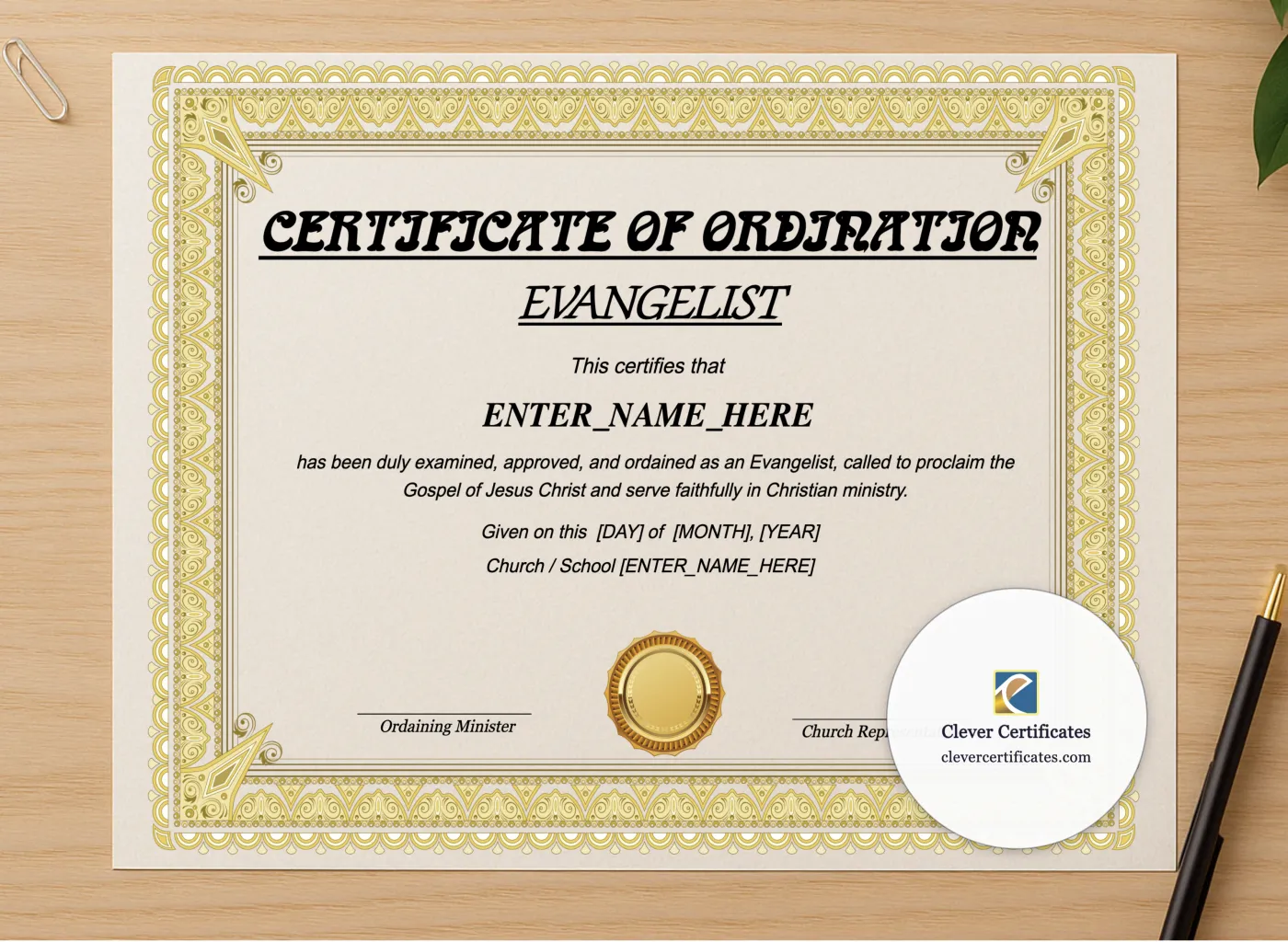 Professional preview of Certificate of Ordination for Evangelist certificate on high-quality stationery paper, ideal for showcasing the final look.