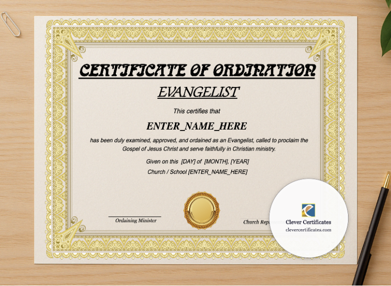 Professional preview of Certificate of Ordination for Evangelist certificate on high-quality stationery paper, ideal for showcasing the final look.