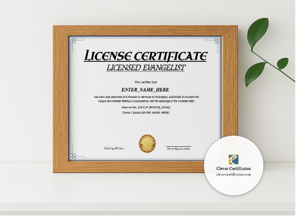 Realistic mockup featuring Licensed Evangelist Certificate Landscape displayed within a modern frame, set against a minimalistic background.