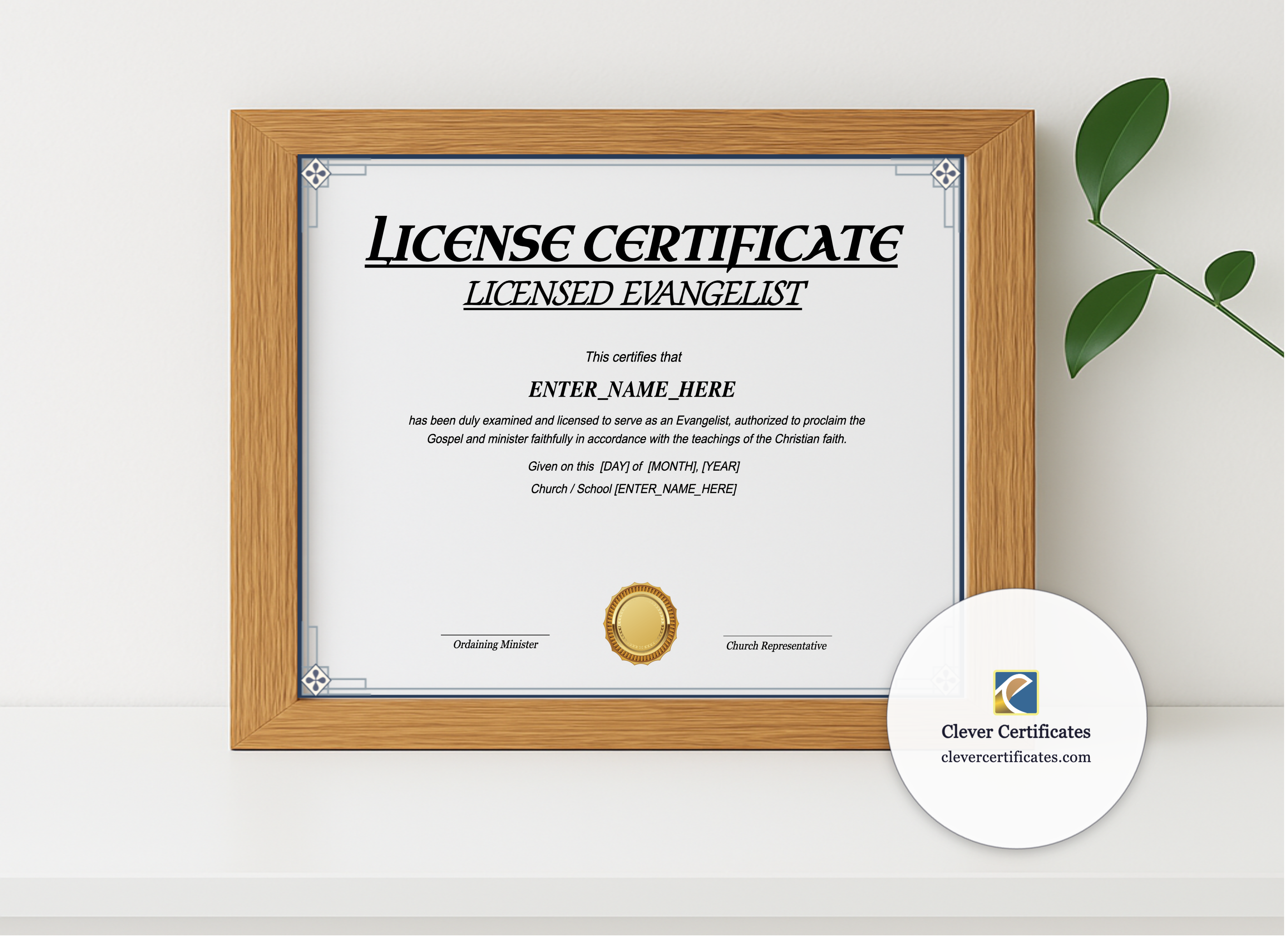 Realistic mockup featuring Licensed Evangelist Certificate Landscape displayed within a modern frame, set against a minimalistic background.