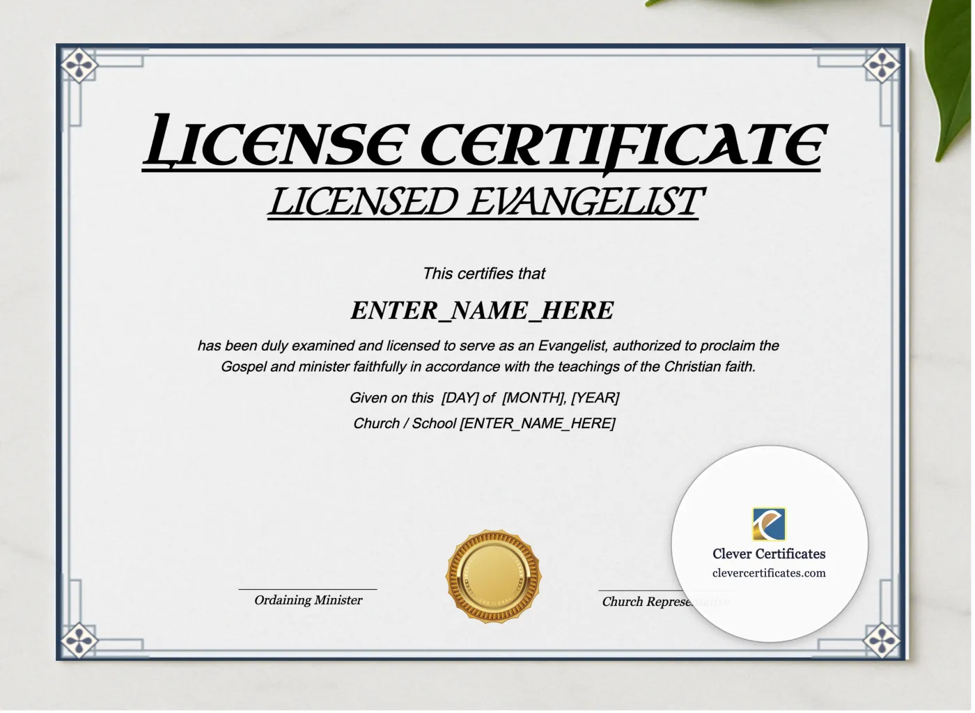 Licensed Evangelist Certificate Landscape presented in a sleek wooden frame, elegantly arranged on a stylish table.