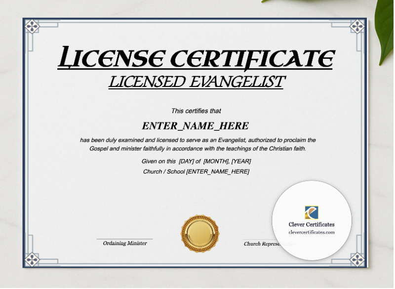 Licensed Evangelist Certificate Landscape presented in a sleek wooden frame, elegantly arranged on a stylish table.