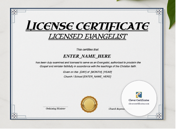 Licensed Evangelist Certificate Landscape presented in a sleek wooden frame, elegantly arranged on a stylish table.