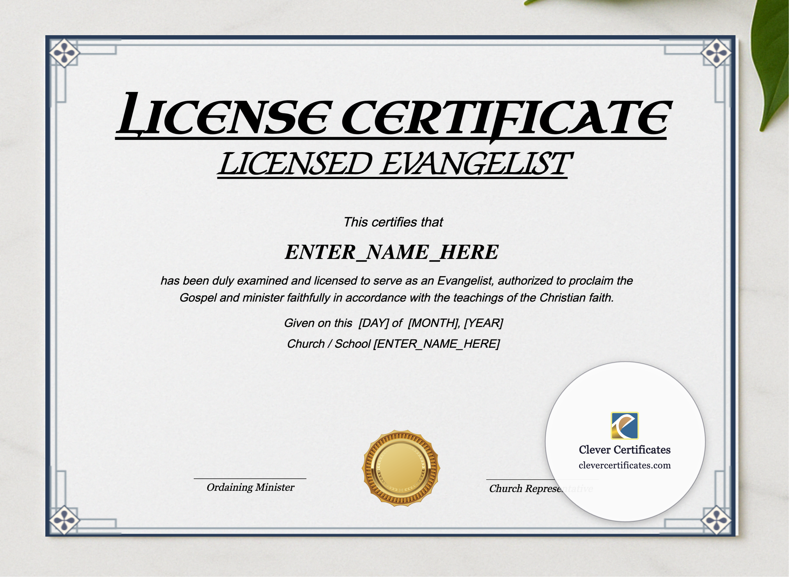 Licensed Evangelist Certificate Landscape presented in a sleek wooden frame, elegantly arranged on a stylish table.