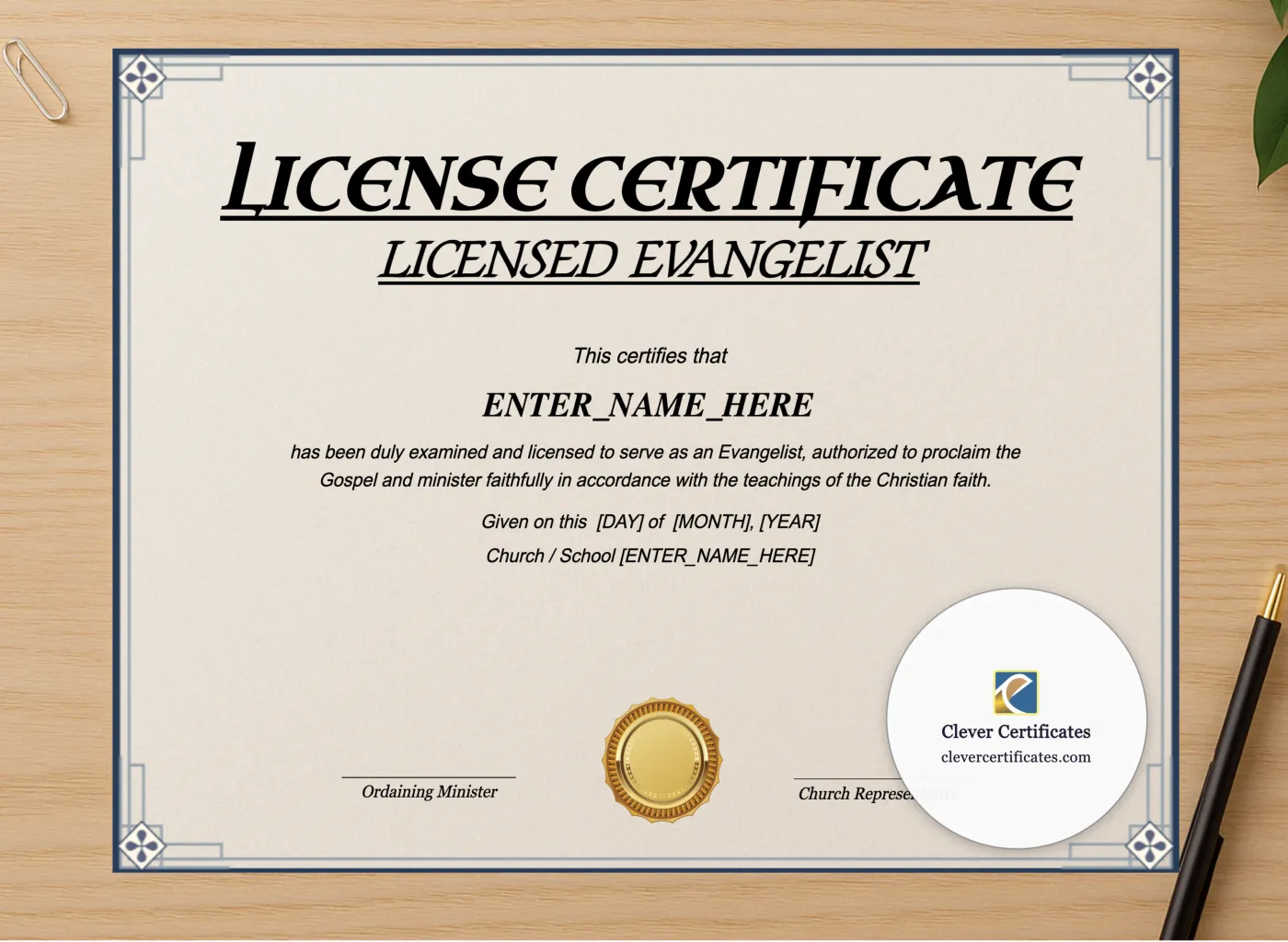 Professional preview of Licensed Evangelist Certificate Landscape certificate on high-quality stationery paper, ideal for showcasing the final look.