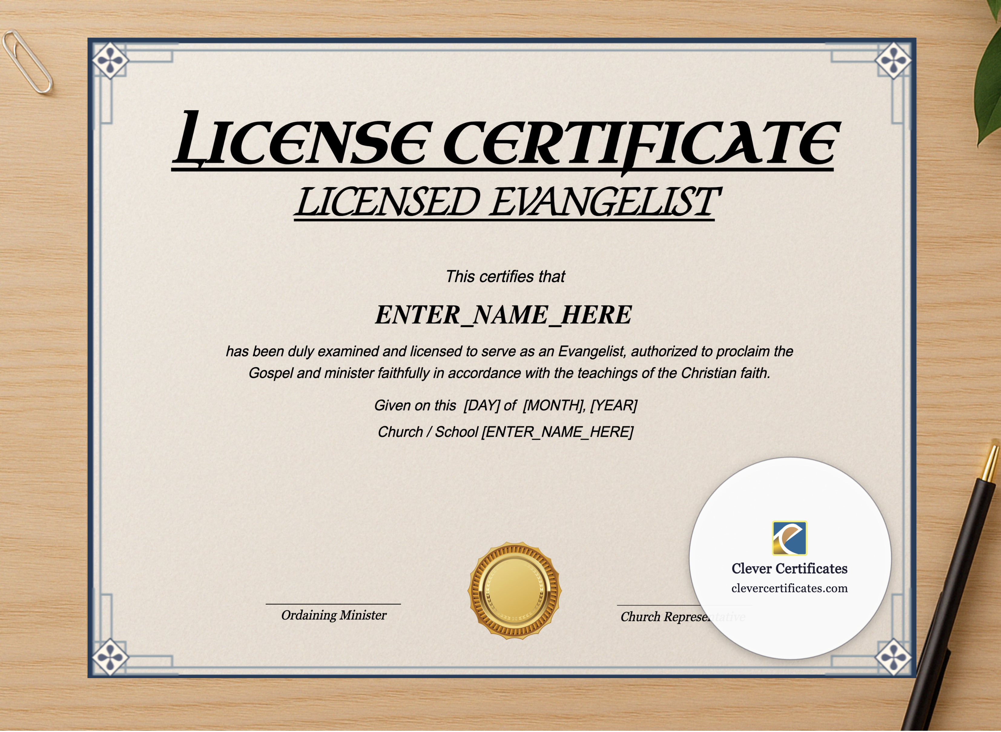 Professional preview of Licensed Evangelist Certificate Landscape certificate on high-quality stationery paper, ideal for showcasing the final look.