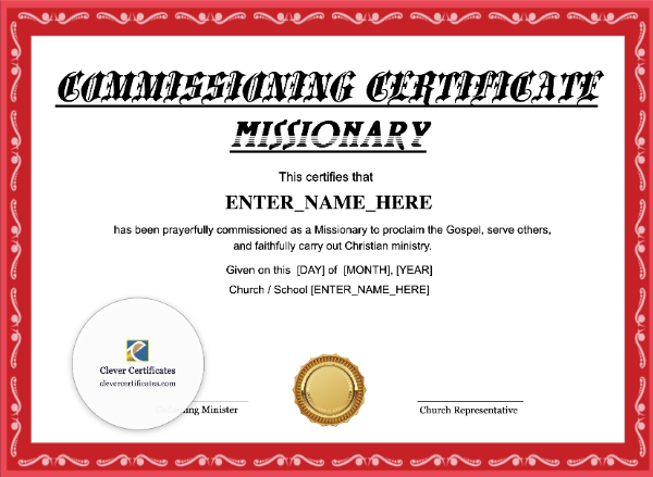 Missionary Commissioning Certificate · Landscape