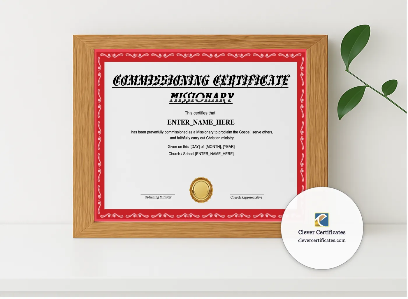 Realistic mockup featuring Missionary Commissioning Certificate Landscape displayed within a modern frame, set against a minimalistic background.