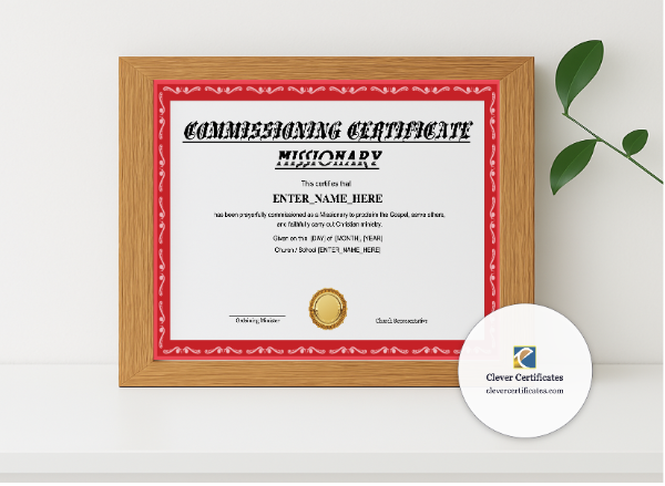 Realistic mockup featuring Missionary Commissioning Certificate Landscape displayed within a modern frame, set against a minimalistic background.