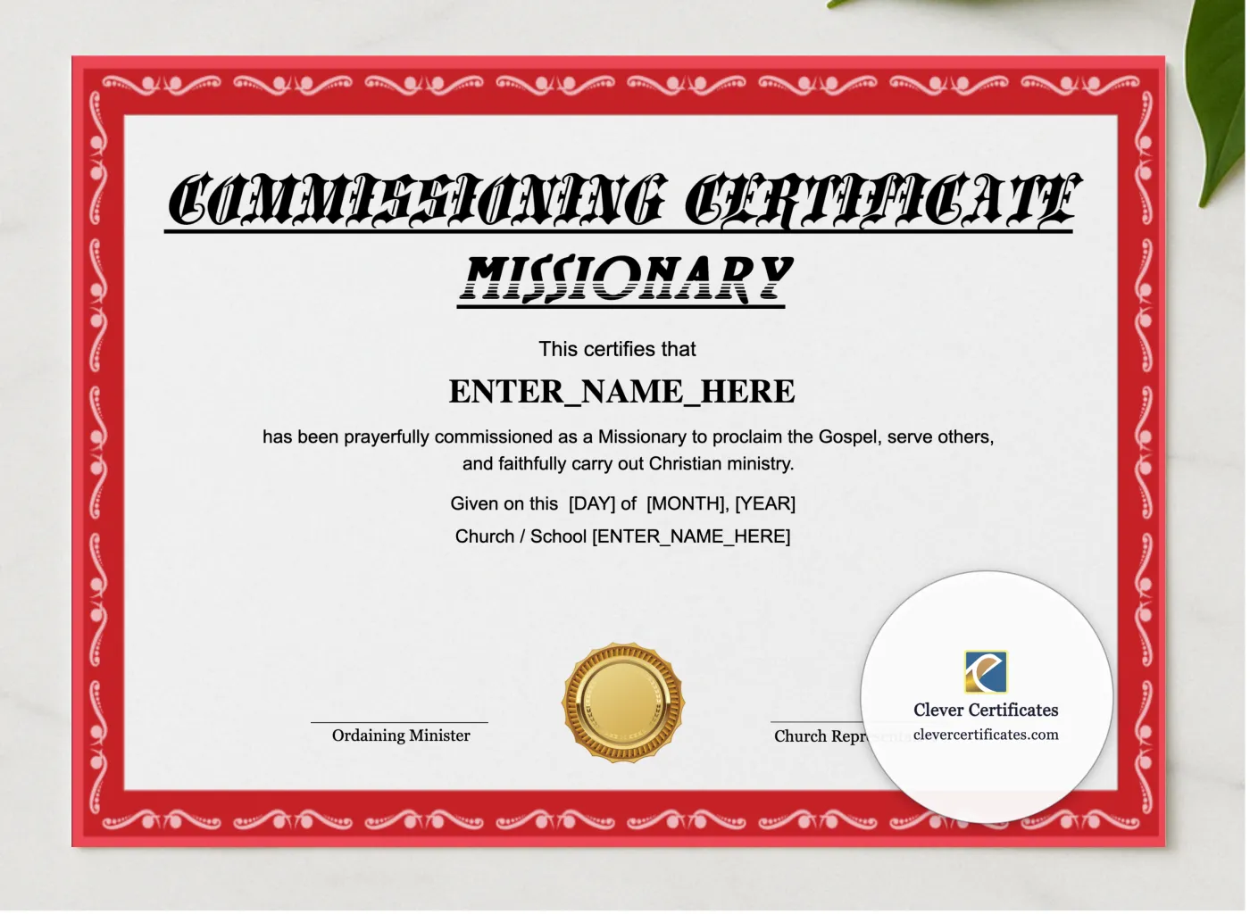 Missionary Commissioning Certificate Landscape presented in a sleek wooden frame, elegantly arranged on a stylish table.