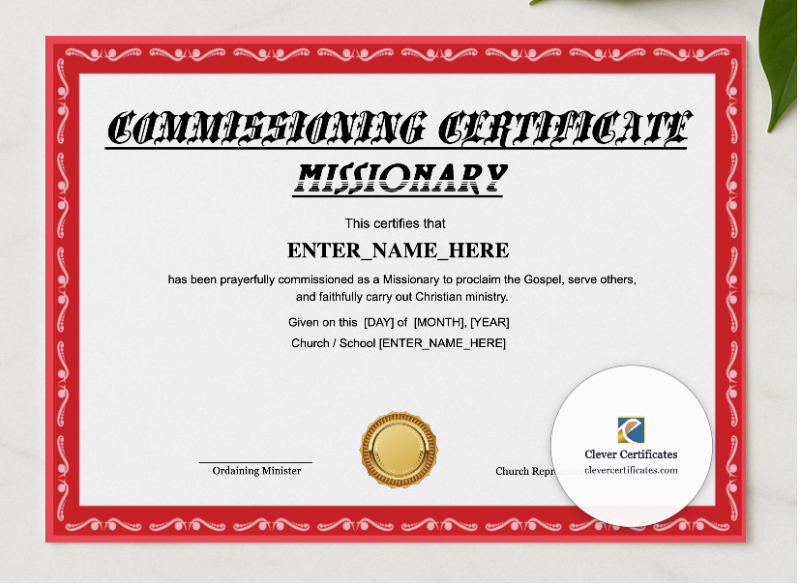 Missionary Commissioning Certificate Landscape presented in a sleek wooden frame, elegantly arranged on a stylish table.