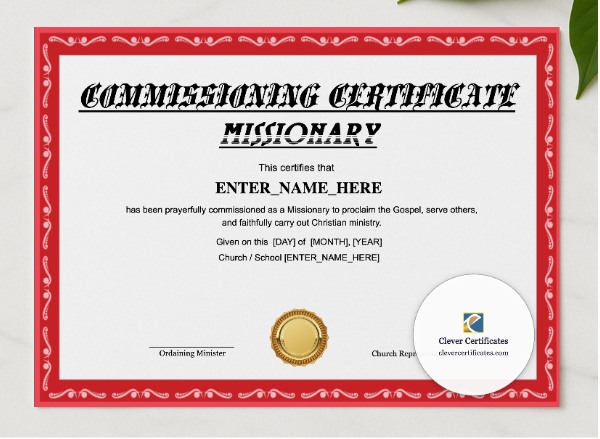 Missionary Commissioning Certificate Landscape presented in a sleek wooden frame, elegantly arranged on a stylish table.