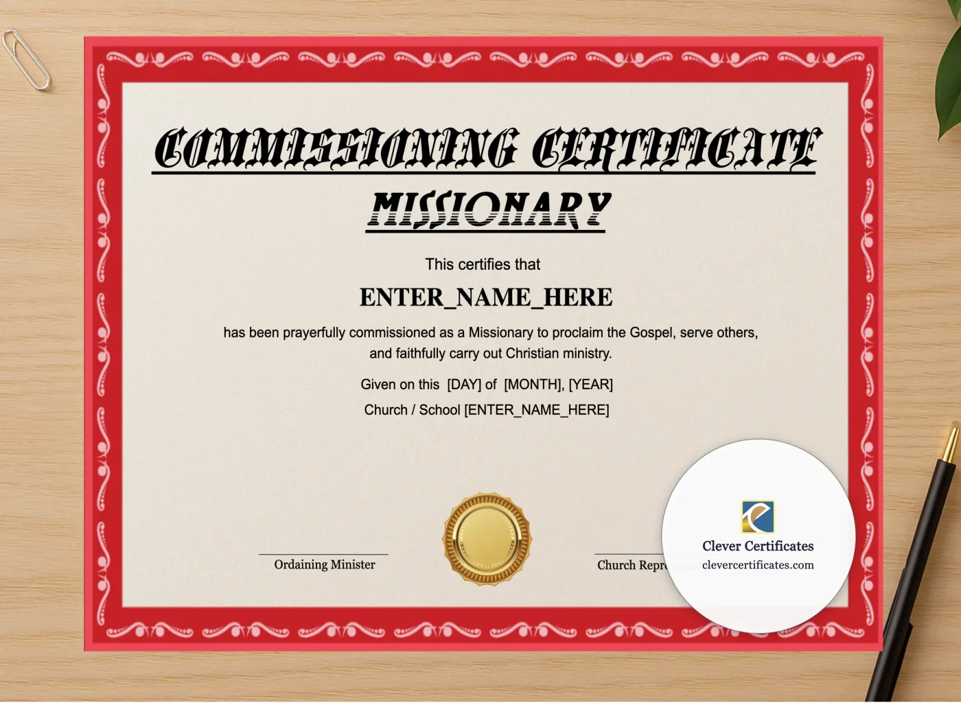 Professional preview of Missionary Commissioning Certificate Landscape certificate on high-quality stationery paper, ideal for showcasing the final look.