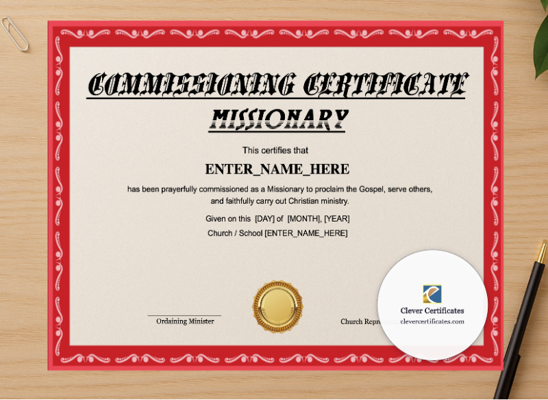 Professional preview of Missionary Commissioning Certificate Landscape certificate on high-quality stationery paper, ideal for showcasing the final look.