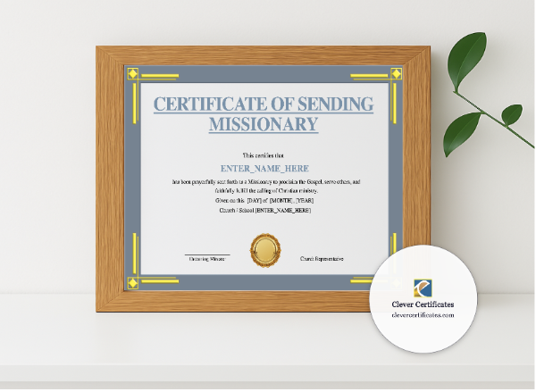 Realistic mockup featuring Certificate of Sending for Missionary Landscape displayed within a modern frame, set against a minimalistic background.