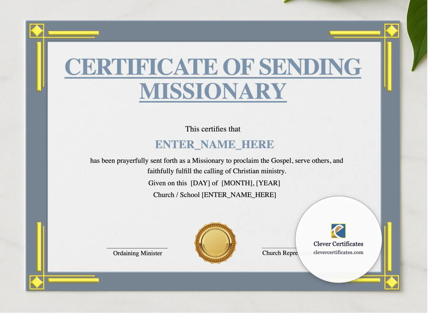 Certificate of Sending for Missionary Landscape presented in a sleek wooden frame, elegantly arranged on a stylish table.