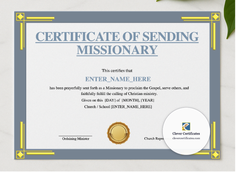 Certificate of Sending for Missionary Landscape presented in a sleek wooden frame, elegantly arranged on a stylish table.