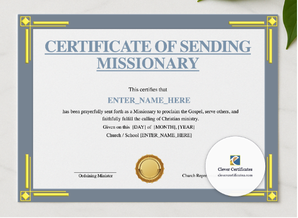Certificate of Sending for Missionary Landscape presented in a sleek wooden frame, elegantly arranged on a stylish table.