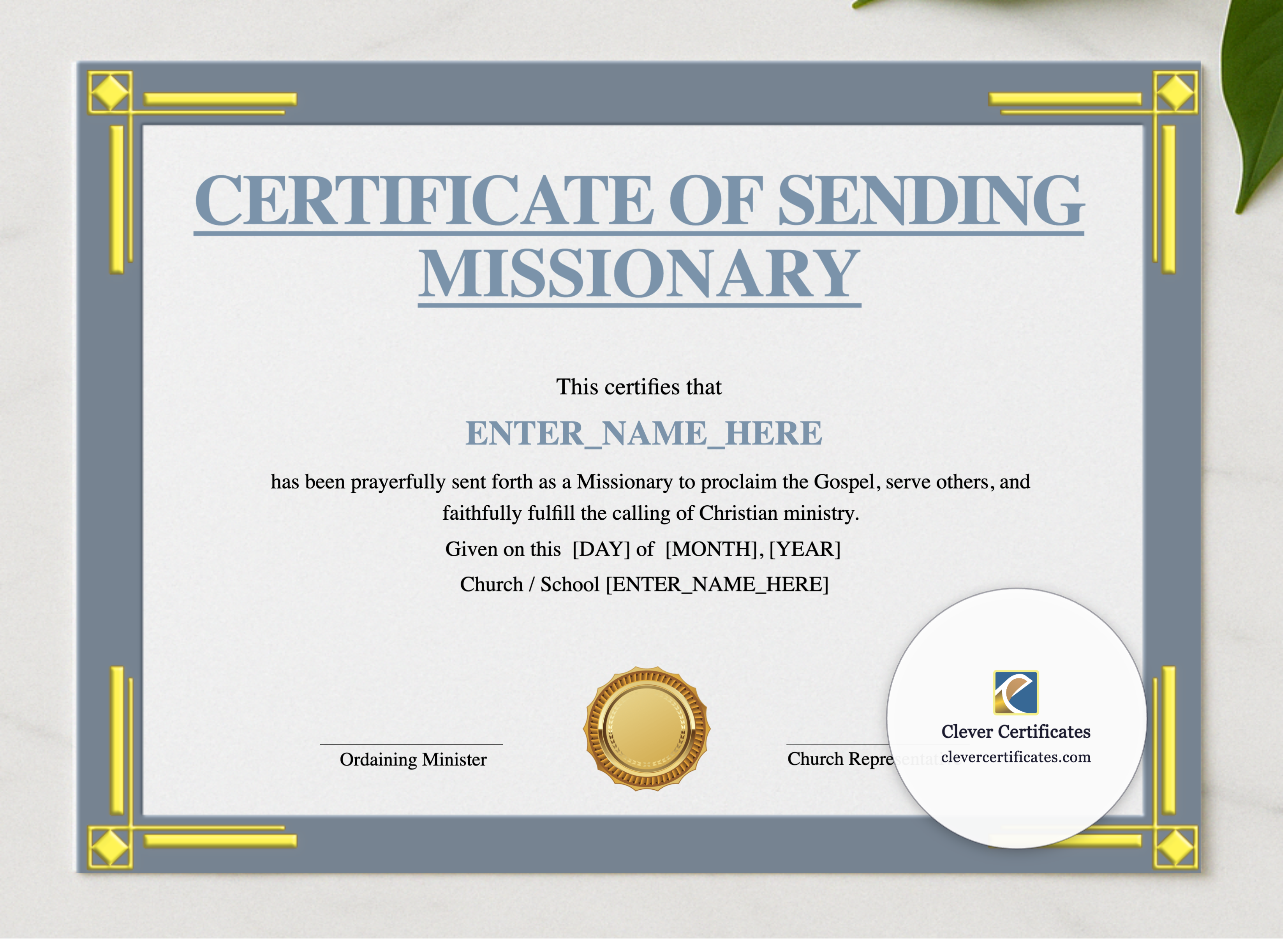 Certificate of Sending for Missionary Landscape presented in a sleek wooden frame, elegantly arranged on a stylish table.