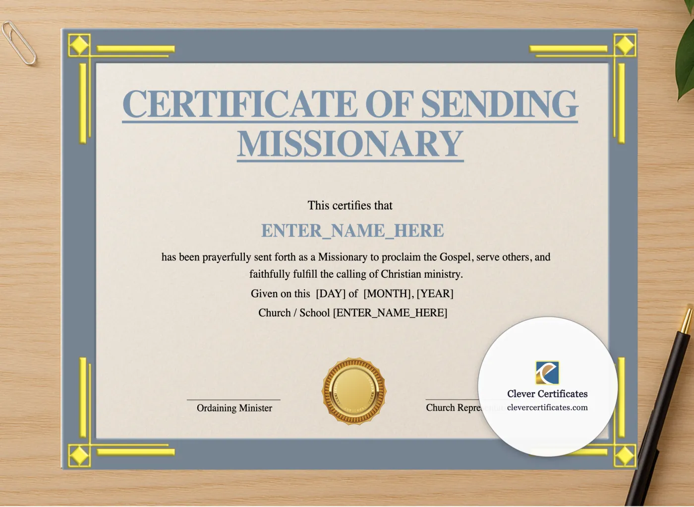 Professional preview of Certificate of Sending for Missionary Landscape certificate on high-quality stationery paper, ideal for showcasing the final look.