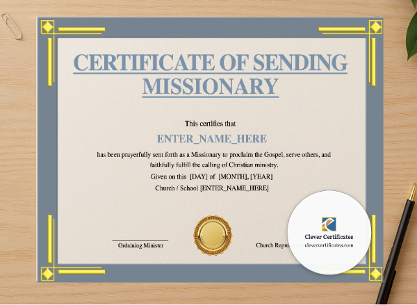 Professional preview of Certificate of Sending for Missionary Landscape certificate on high-quality stationery paper, ideal for showcasing the final look.