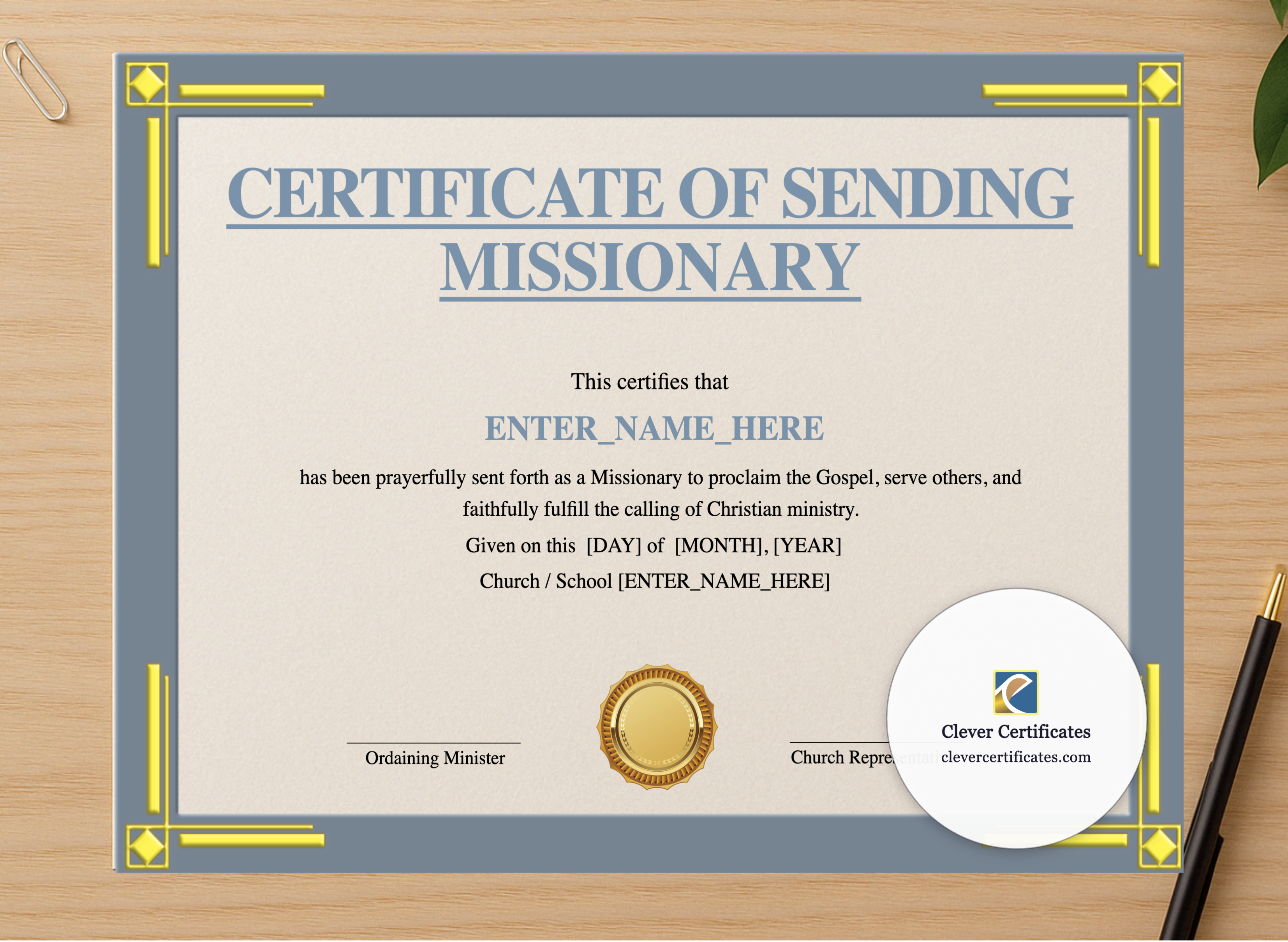 Professional preview of Certificate of Sending for Missionary Landscape certificate on high-quality stationery paper, ideal for showcasing the final look.