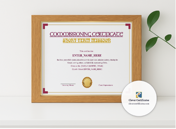 Realistic mockup featuring Short Term Mission Commissioning Certificate Landscape displayed within a modern frame, set against a minimalistic background.
