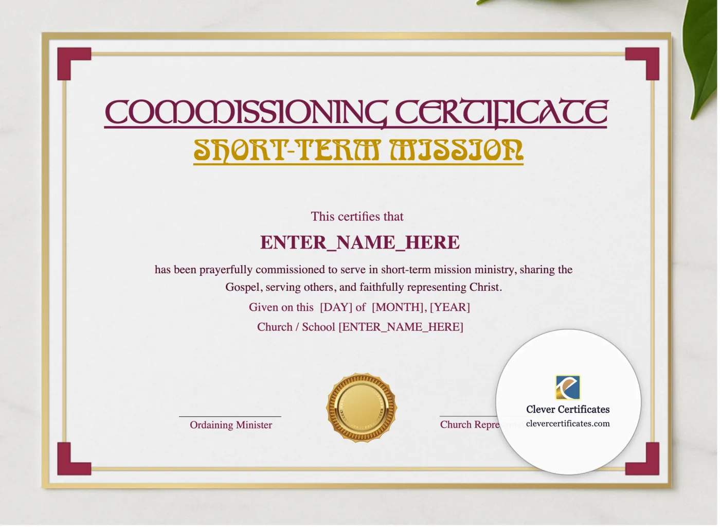 Short Term Mission Commissioning Certificate Landscape presented in a sleek wooden frame, elegantly arranged on a stylish table.