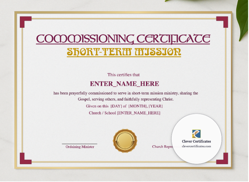 Short Term Mission Commissioning Certificate Landscape presented in a sleek wooden frame, elegantly arranged on a stylish table.