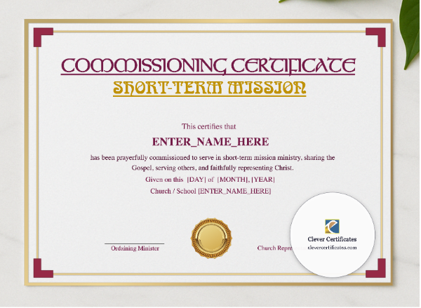 Short Term Mission Commissioning Certificate Landscape presented in a sleek wooden frame, elegantly arranged on a stylish table.