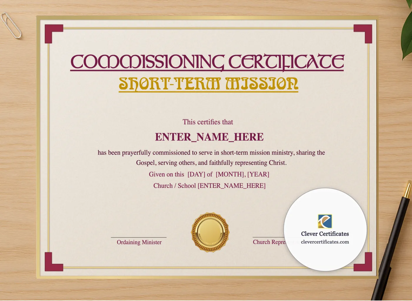 Professional preview of Short Term Mission Commissioning Certificate Landscape certificate on high-quality stationery paper, ideal for showcasing the final look.