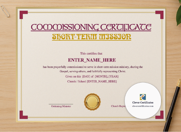 Professional preview of Short Term Mission Commissioning Certificate Landscape certificate on high-quality stationery paper, ideal for showcasing the final look.