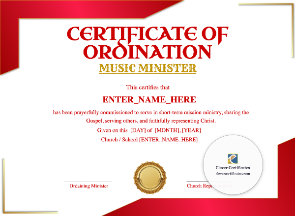 Music Minister Ordination Certificate