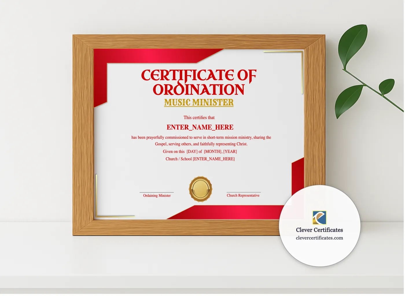 Realistic mockup featuring Music Minister Ordination Certificate displayed within a modern frame, set against a minimalistic background.