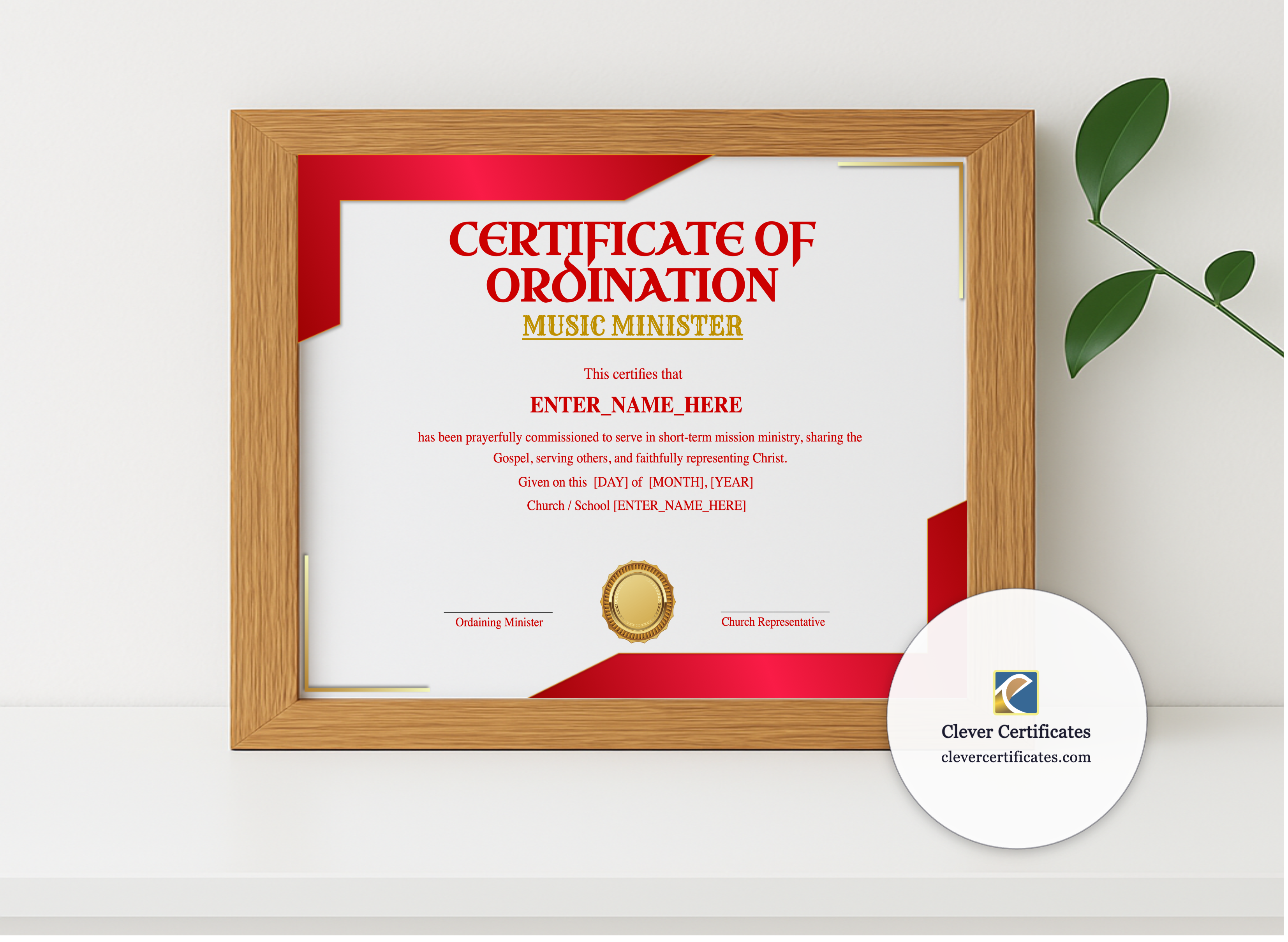 Realistic mockup featuring Music Minister Ordination Certificate displayed within a modern frame, set against a minimalistic background.